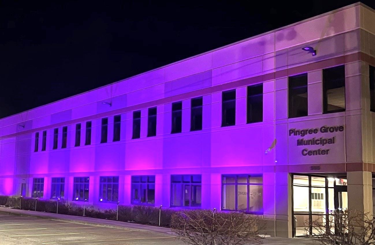 Municipal Center Building Lit in Lavender